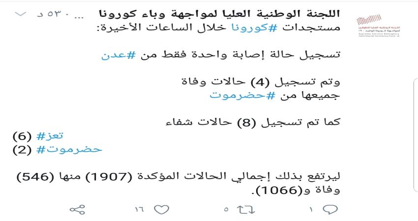 وفاة 4 مصابين بـ #كورونا في حضرموت وحالة جديدة في عدن