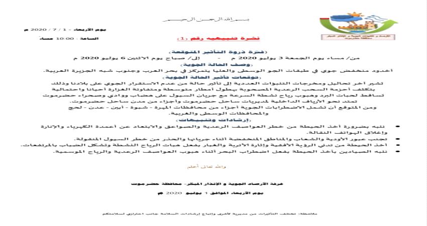 غرفة الأرصاد الجوية و الإنذار المبكر بحضرموت تصدر تحذير هام