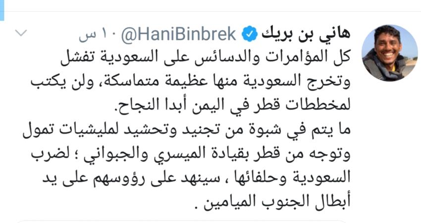 ‏بن بريك : التجنيد والتحشيد الممول من قطر سينهد على يد أبطال الجنوب