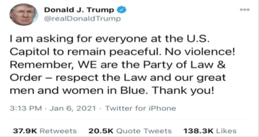 عاجل..الرئيس ترامب يغرد بدعوة مناصريه الى "السلمي" وعدم العنف