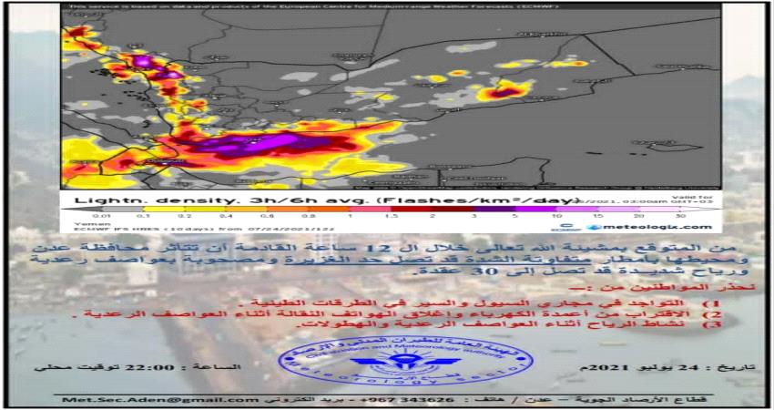 تحذير جديد لسكان عدن من أمطار غزيرة خلال ساعات