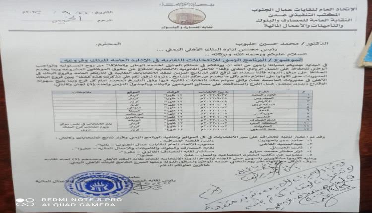 إقرار برنامج زمني للانتخابات النقابية في الادارة العامة للبنك الاهلي اليمني وفروعه