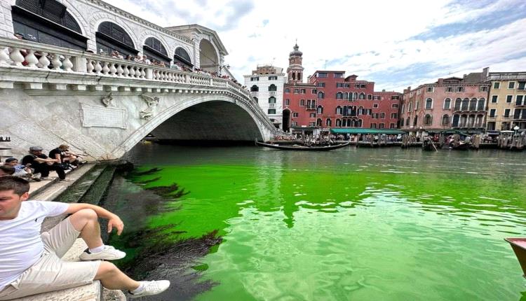 صور - لون المياه يتحول إلى الأخضر ويثير حيرة سكان مدينة البندقية