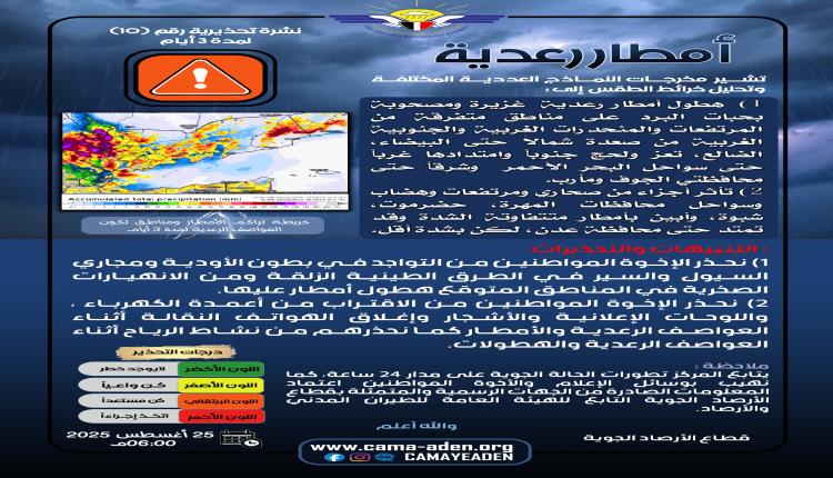 الأرصاد تحذر من أمطار رعدية غزيرة تهدد عدة محافظات