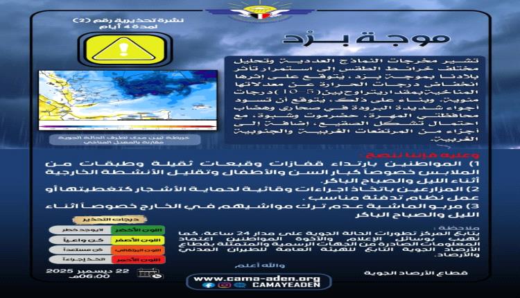 الأرصاد تؤكد استمرار تأثر مناطق واسعة من بلادنا بموجة بَرْد 
