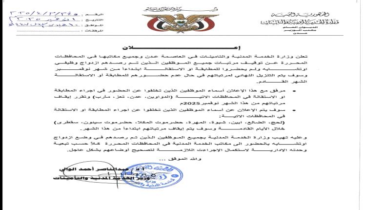 وزارة الخدمة المدنية تكشف عن أزدواج وظيفي بالالاف في هذه المحافظات وتوقيف مرتباتهم من الشهر القادم"أسماء"