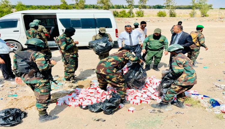 الادارة العامة لمكافحة المخدرات بقوات  الحزام الأمني تُتلف كمية كبيرة من الحبوب المخدرة 
