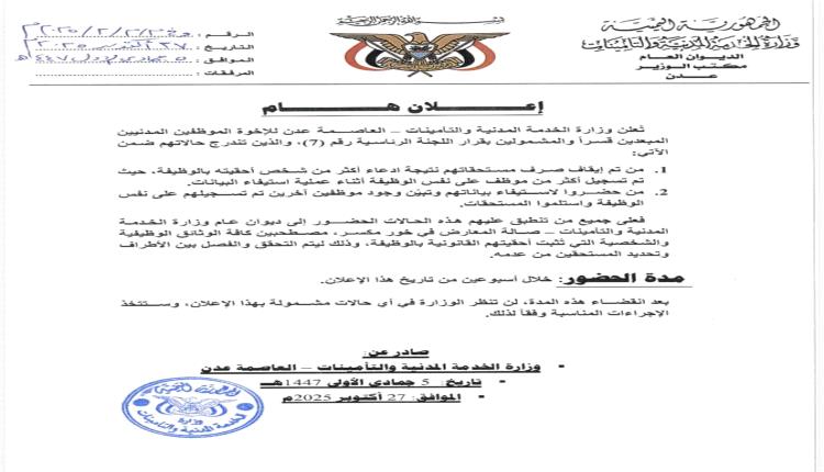 خلال أسبوعين.. الخدمة المدنية تدعو الموظفين المبعدين قسراً للحضور الى ديوان الوزارة 