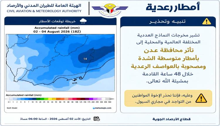 تحذير عاجل.. أمطار رعدية متوقعة على عدن والأرصاد تدعو لتجنب مجاري السيول