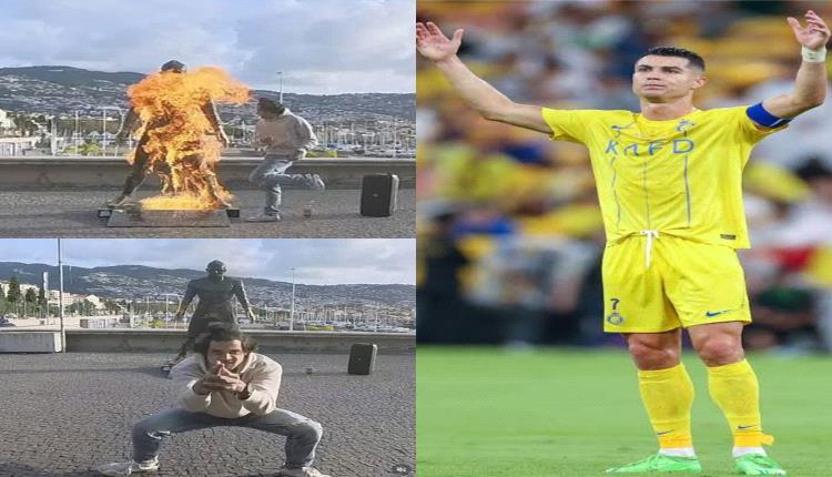 شاب يحرق تمثال كريستيانو رونالدو.. والشرطة تطارده