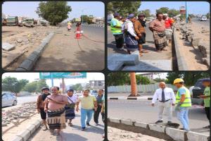 مدير عام خورمكسر يطّلع على مستوى تنفيذ مشروع إعادة تأهيل الجزيرة الوسطية والجانبية بشارع كورنيش ساحل أبين
