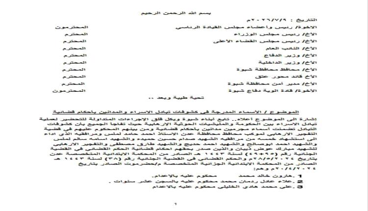 أبناء شبوة يرفضون الإفراج عن مداني الإرهاب ويمهلون الحكومة 24 ساعة لاستبعادهم من صفقة تبادل الأسرى 
