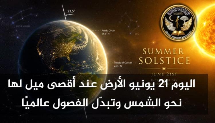 دخول فصل الصيف رسمياً في النصف الشمالي من الكرة الأرضية والانقلاب الصيفي عند ذروة الضوء وبداية الشتاء في النصف الجنوبي