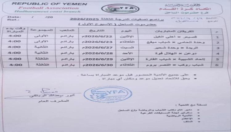 اتحاد كرة القدم بساحل حضرموت يعلن عن جدول مواجهات التصفيات التمهيدية لأندية الدرجة الثالثة موسم 2025-2026م 