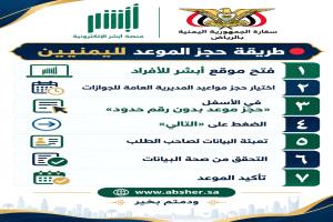 السفارة اليمنية بالرياض توضح خطوات حجز مواعيد تصحيح الأوضاع عبر منصة أبشر