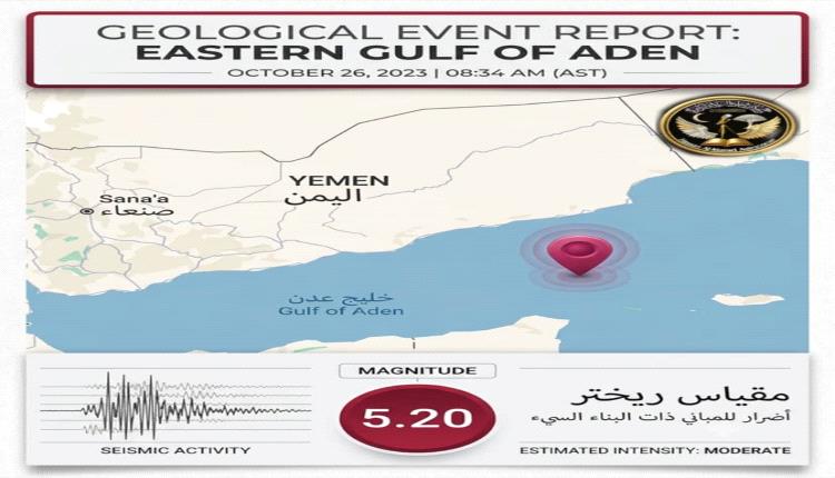 زلزال جديد بقوة 5.2 درجة في شرق خليج عدن