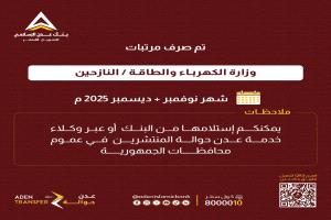 بدء صرف مرتبات موظفي وزارة الكهرباء والطاقة - النازحين لشهري نوفمبر وديسمبر 2025